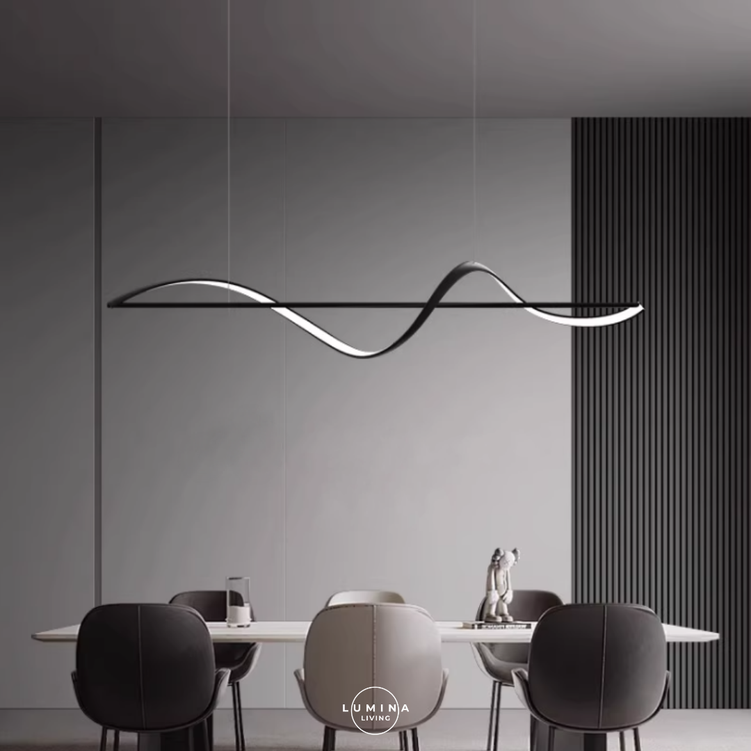 Modern dining room with a wavy pendant light fixture, gray walls, and a dining table. Singapore's top online destination for stylish and high-quality lighting solutions. Whether you’re looking to transform your home with elegant pendant lights, modern chandeliers, or energy-efficient LED lights, we have an extensive selection to suit every taste and budget.