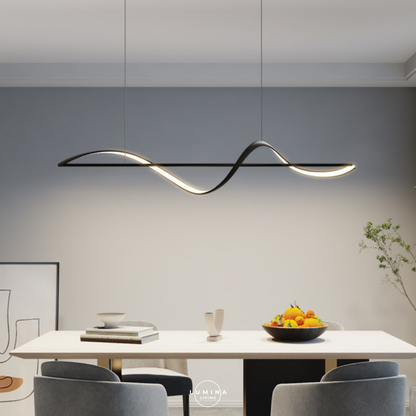 Modern dining room with a wavy pendant light fixture. Singapore's top online destination for stylish and high-quality lighting solutions. Whether you’re looking to transform your home with elegant pendant lights, modern chandeliers, or energy-efficient LED lights, we have an extensive selection to suit every taste and budget.